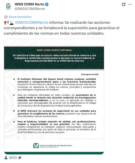 La institución señaló que se fortalecerá la supervisión en sus unidades. Foto: Captura de pantalla X