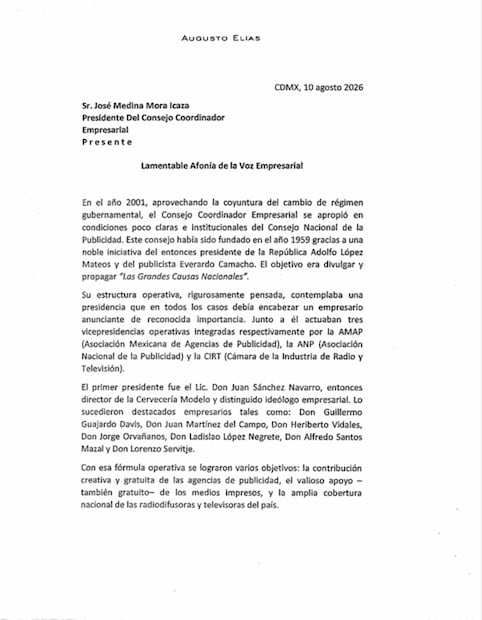 Carta de Augusto Elías y Paullada al presidente del Consejo Coordinador Empresarial (CCE), José Medina Mora. Foto: Captura de pantalla / Cortesía