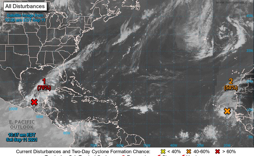 A pesar de que los vientos de nivel superior no son propicios para el desarrollo de este sistema en la actualidad, es probable que se forme una depresión tropical este domingo. Foto: NHC