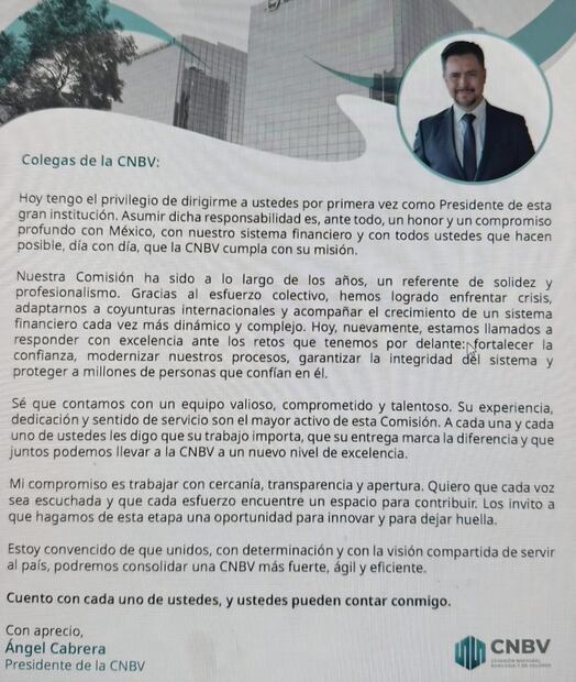 Carta enviada a los trabajadores por parte de Ángel Cabrera, presidente de la CNBV. Foto: captura de pantalla