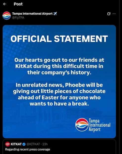 Aeropuerto Internacional de Tampa publicó un mensaje en redes mostrando apoyo a Nestlé. Foto: Captura de pantalla