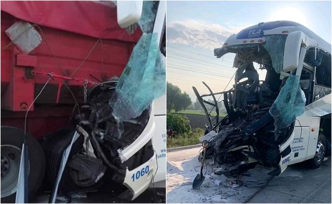 Autobús de pasajeros se impacta contra un tráiler en Acatzingo, Puebla. Foto: Especial