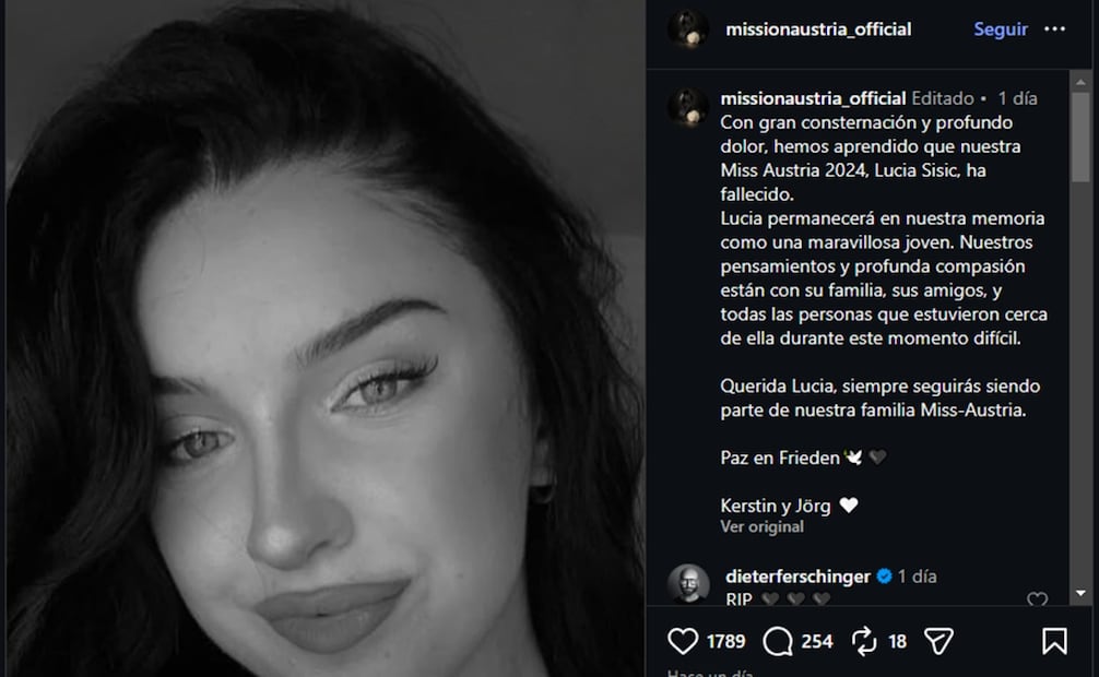 Mission Austria fue quien confirmó el fallecimiento de Lucia Sisic. Foto: Captura de pantalla