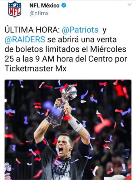 NFL elimina evidencia de la venta de boletos para Raiders vs Patriotas