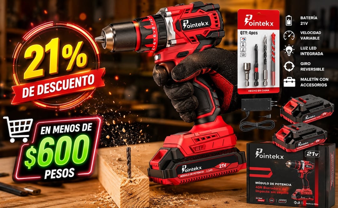 El taladro inalámbrico POINTEKX resulta una excelente alternativa para quienes necesitan una herramienta práctica para colgar cuadros, instalar repisas, ensamblar muebles, realizar pequeñas perforaciones en madera, plástico o metal ligero y llevar a cabo trabajos de mantenimiento en casa. Foto: IA