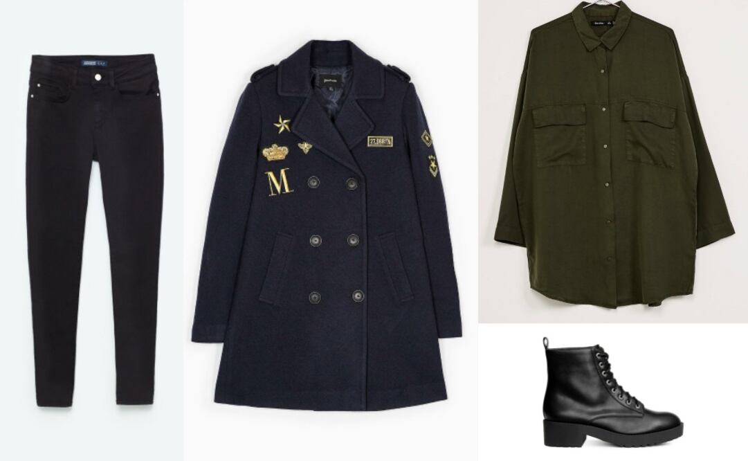 Estilo militar: Abrigo Stradivarius $1,499; Pantalón Zara $599; Camisa Bershka $399; Botines H&M $499.
