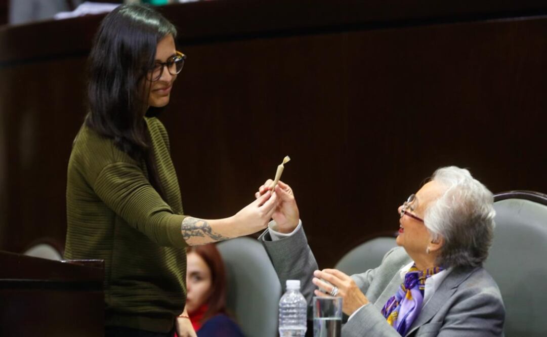 La secretaria de Gobernación recibió el regalo e incluso se despidió de la legisladora con un beso en la mejilla. Foto: Twitter @CanalCongreso