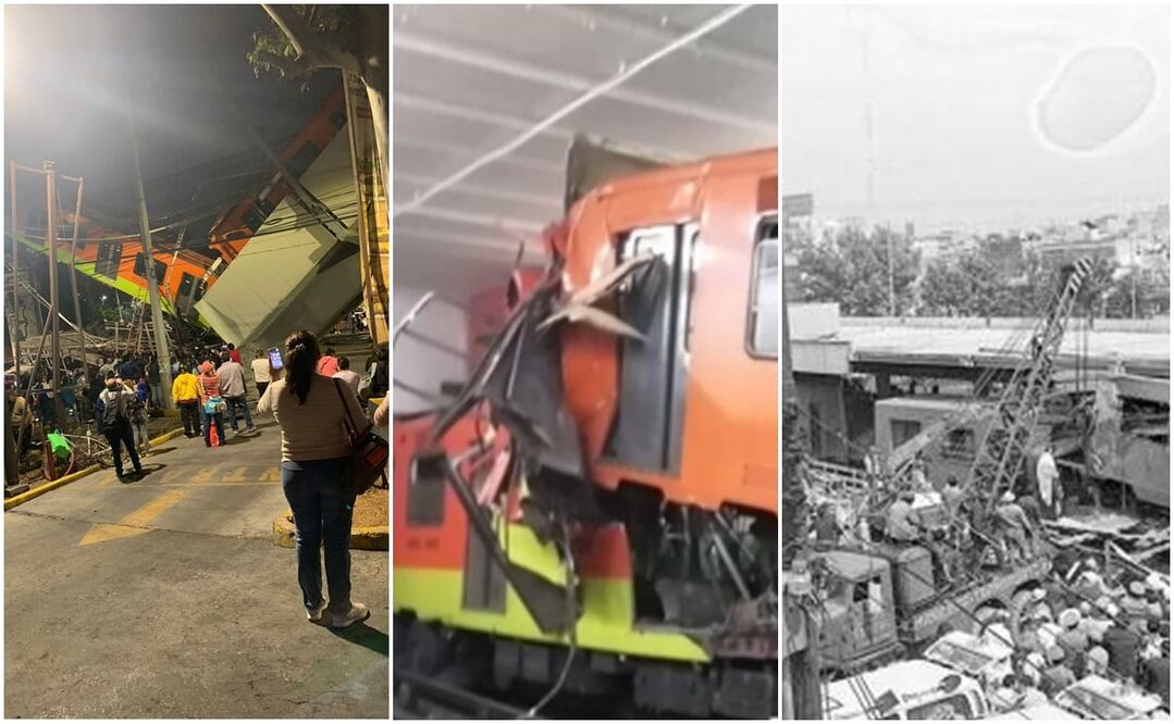 Imágenes de dsitintos accidentes en el STC Metro. Accidente del metro Los olivos -2021-; choque de dos trenes en Tacubaya en 2020 y accidente en metro viaducto en 1975. Fotos: Archivo El Universal