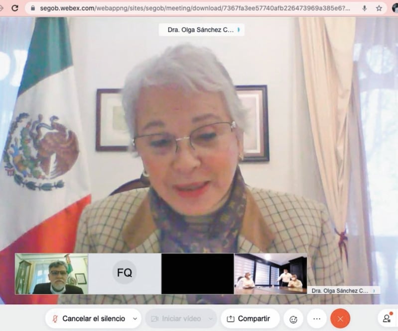 La secretaria de Gobernación, Olga Sánchez Cordero, encabezó la reunión virtual con gobernadores y con el secretario de Salud, Jorge Alcocer, y el subsecretario Hugo López-Gatell. ESPECIAL