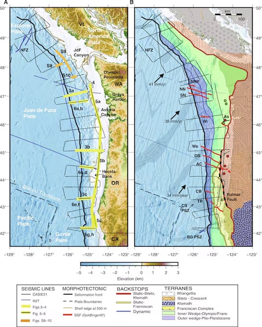 Mapa de las zonas que impactaría The Big One, el gran terremoto que se prevé afectará la costa oeste de EU. FOTO: SCIENCE.ORG