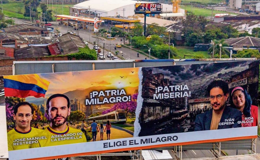 Un espectacular que invita a votar por el candidato presidencial colombiano Abelardo de la Espriella, del movimiento Salvadores de la Patria. Foto: JOAQUIN SARMIENTO / AFP