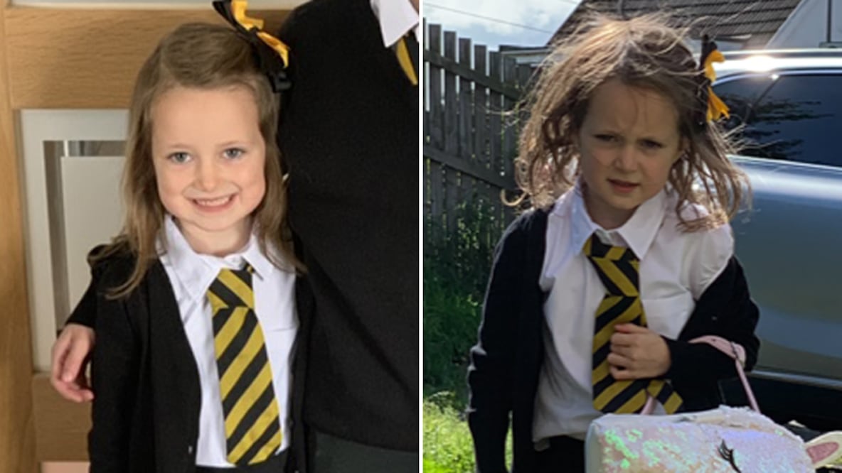 El antes y el después de Lucie en su primer día de escuela. Ella declaró que hizo mucho durante el día. Fotos: BBC