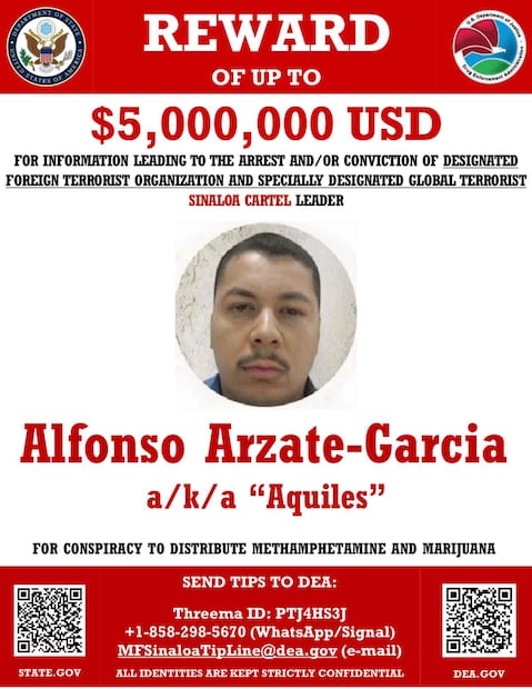 Ficha de recompensa por información que facilite la captura de Alfonso Arzate-García, “Aquiles”, por hasta 5 millones de dólares. Foto: Especial
