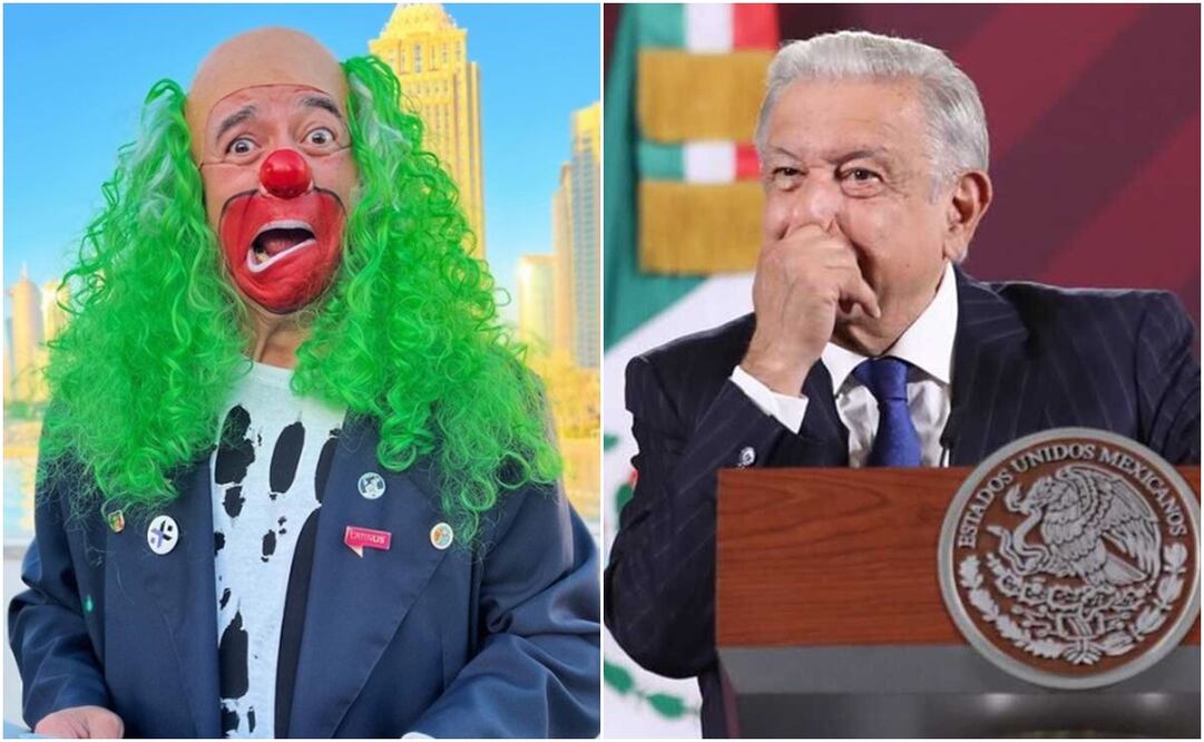 Víctor Trujillo, caracterizado como su personaje "Brozo", y AMLO. Foto: Instagram @brozoxmiswebs y Archivo EL UNIVERSAL