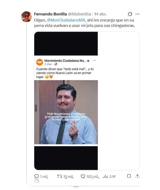 Bonilla reclamó a MC por usar la imagen de Jerónimo en una publicación. El partido admitió el error y el actor decidió no demandar. Foto: CAPTURA DE PANTALLA