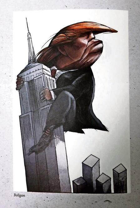 Retrato de Boligán donde el candidato aparece como King Kong en el Empire State (TOMADAS DEL LIBRO Trump. Un muro de caricaturas)