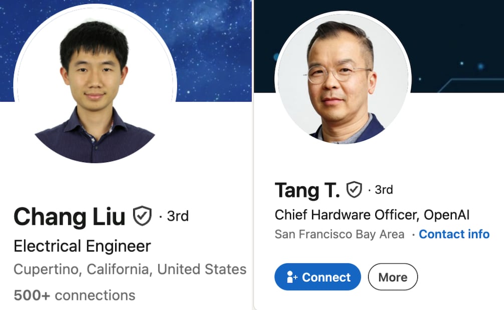 Perfiles de LinkedIn de Chang Liu y Tang Yew Tan, los exempleados de Apple señalados en la demanda por presunta apropiación de información confidencial. Foto: @Michaelzsguo