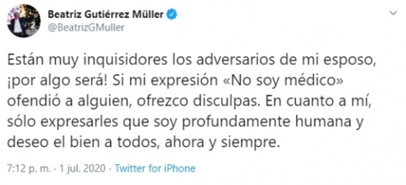 Beatriz Gutiérrez Müller ofrece disculpas tras expresión “no soy médico”