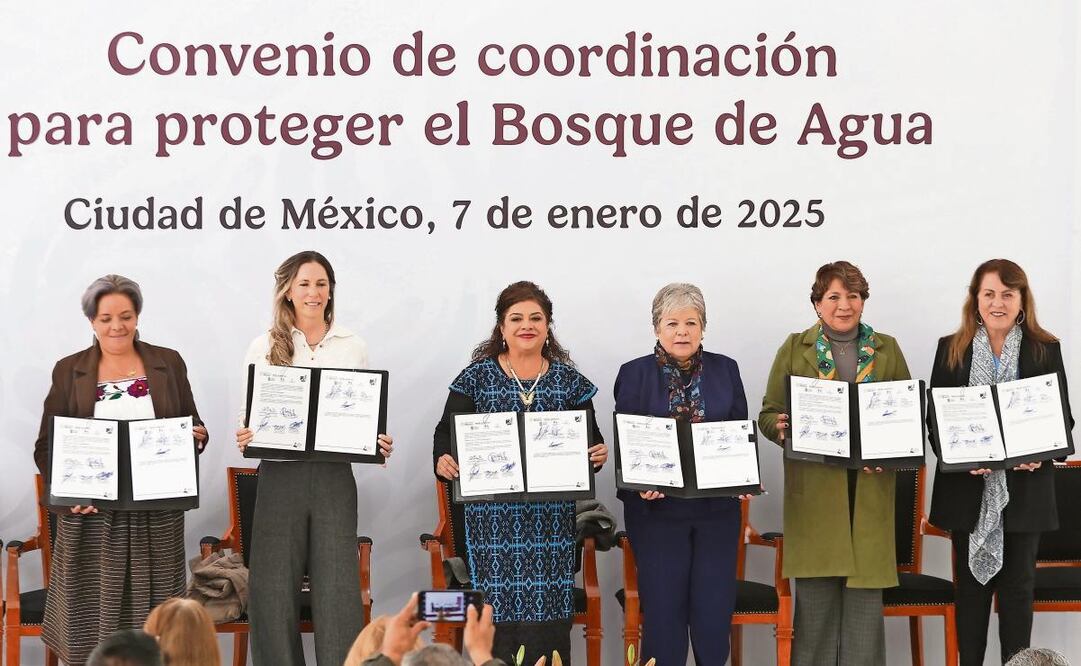 Autoridades en materia ambiental y las gobernadoras de Morelos, el Estado de México y la jefa de Gobierno de la Ciudad de México firmaron ayer un acuerdo de trabajo conjunto para preservar el Bosque de Agua, una importante fuente del recurso en el centro del país. Foto: Berenice Fregoso | El Universal (08/01/2025)