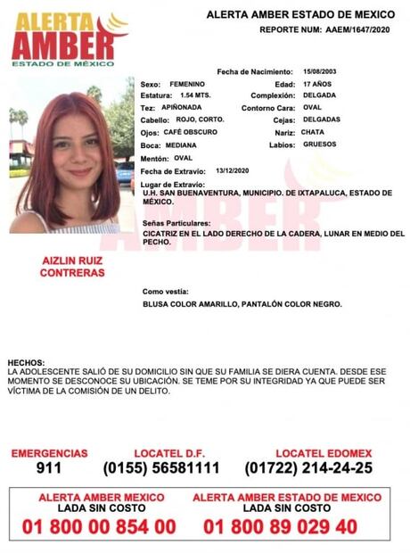 Aizlin Ruíz Contreras desapareció en Ixtapaluca hace tres días; se teme sea víctima de un delito