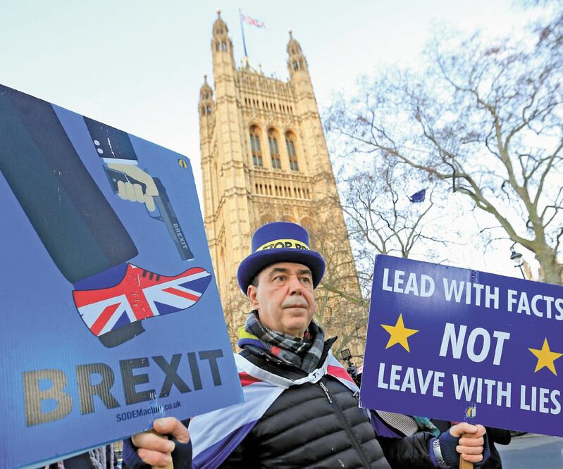 Manifestante contra la salida británica de la Unión Europea (UE), cerca del Parlamento en Londres, el pasado 13 de diciembre. Foto/THOMAS MUKOYA. REUTERS