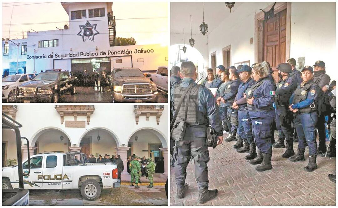 Fuerzas federales y estatales tomaron el control de las armas e instalaciones de las policías municipales de Jalostotitlán y Poncitlán. Fotos: GOBIERNO DE JALISCO
