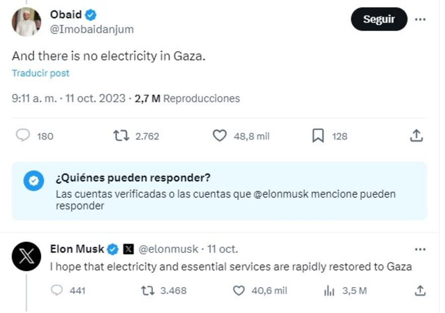 Elon Musk sobre Israel y Palestina. Foto: Twitter