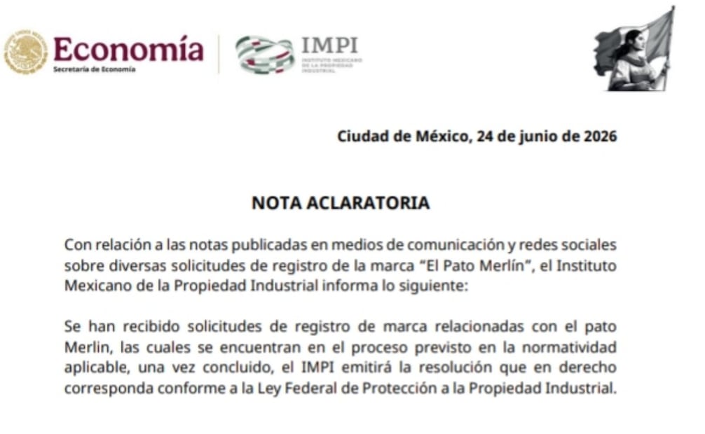 IMPI confirma múltiples solicitudes para registrar la marca “Pato Merlín” (23/06/2026). Foto: Especial