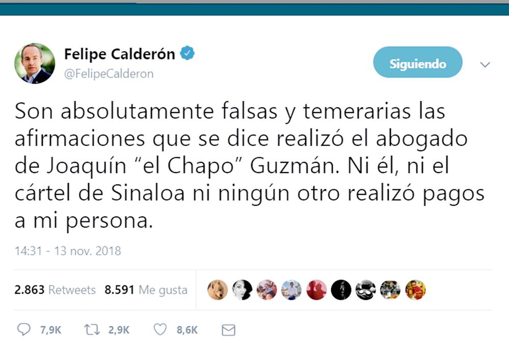 En Twitter, Felipe Calderón negó haber recibido dinero por parte del Cártel de Sinaloa. (TOMADA DE TWITTER)