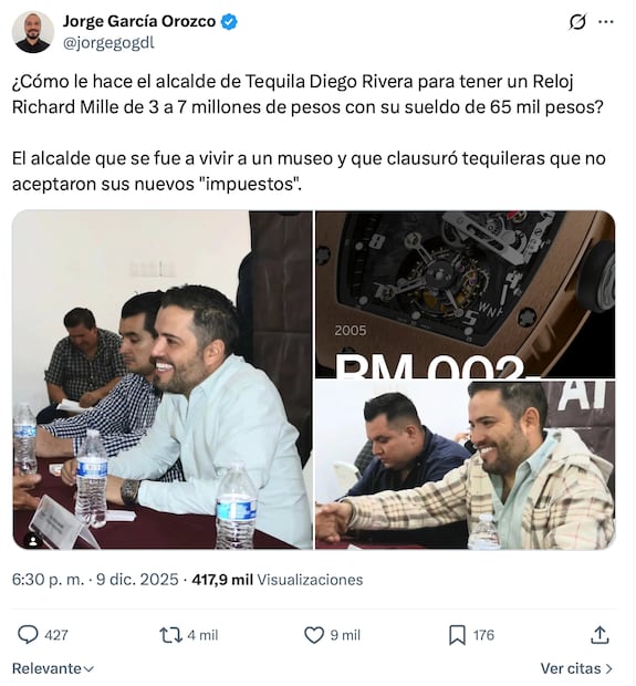 Acusan a alcalde de Tequila de usar reloj de lujo de la marca Richard Mille mientras gobernaba. Foto: Captura de pantalla