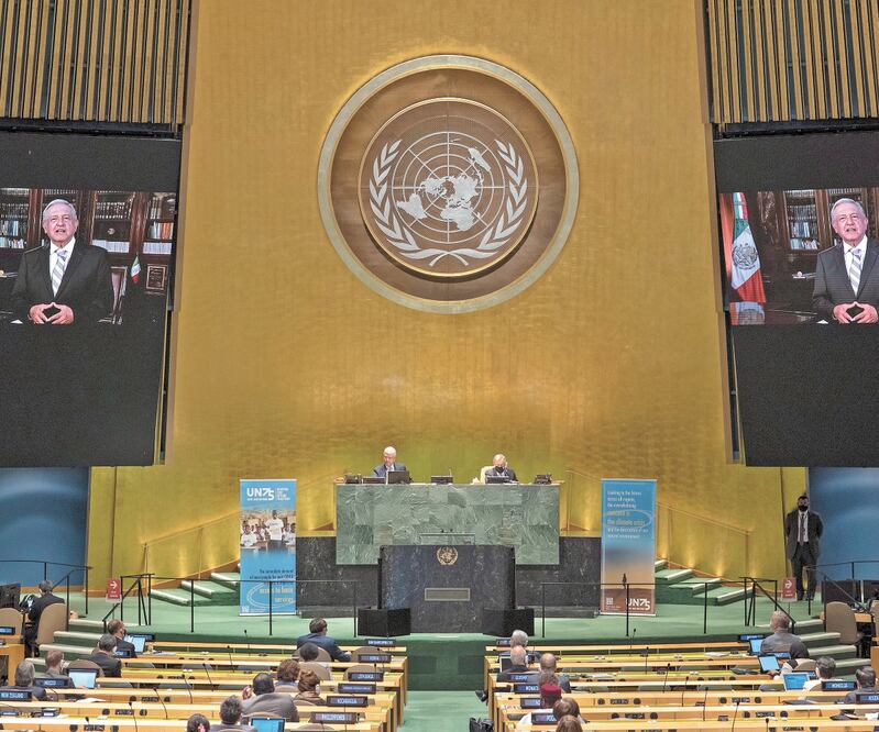 En un mensaje grabado en Palacio Nacional, el presidente López Obrador participó por primera vez en el pleno de Naciones Unidas. Foto: EFE