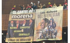 Despliegan mantas en San Lázaro contra Morena; diputados priistas vinculan al partido guinda con el narco