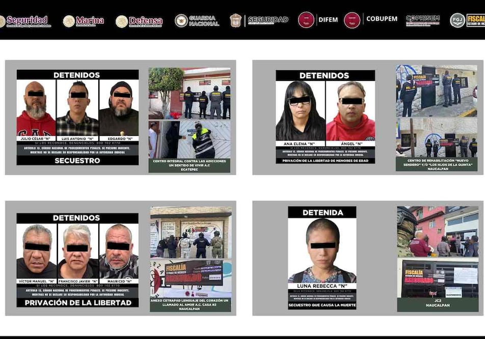 Fiscalía del Edomex detiene a 8 personas tras operativos contra anexos; confirma suspensión y aseguramiento de 53 inmuebles. Foto: Especial
