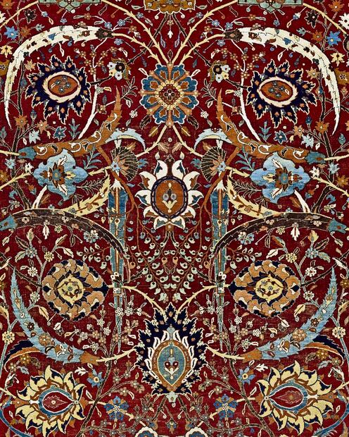 Detalle de la “Alfombra del trono”, pieza extraordinaria que combina hilos de algodón, lana y seda. Foto: Vía MIAQatar.