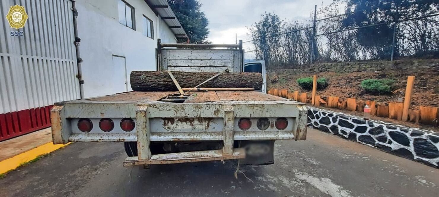 Una camioneta blanca y una motosierra también fueron aseguradas por los policías de la SSC. Foto Especial