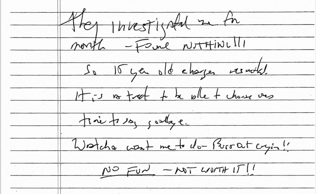 Supuesta nota suicida del criminal Jeffrey Epstein (06/05/2026). Foto: AFP.