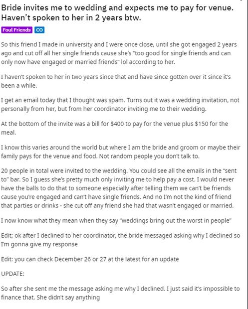 Novia cobra 10 mil pesos a los invitados a su boda