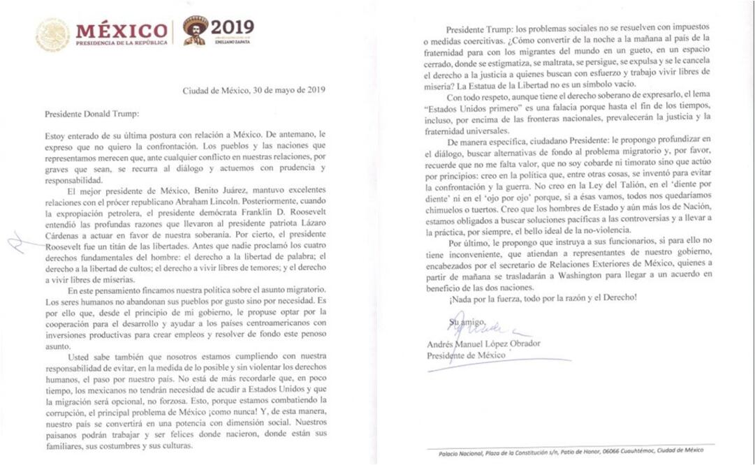 Foto: Carta enviada a Donald Trump