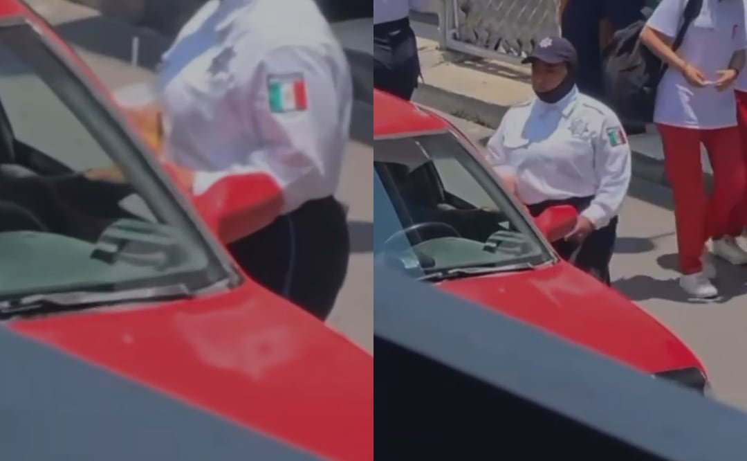 Imágenes muestran cuando una oficial de vialidad recibe "mordida“ de un conductor en Tulancingo, Hidalgo (22/05/2025). Foto: Especial