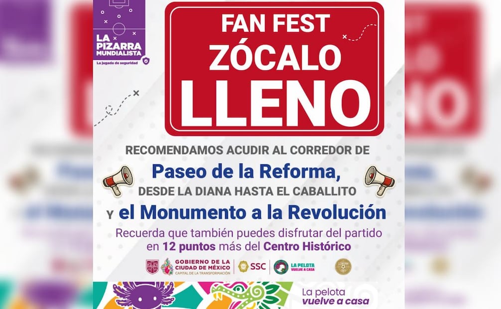 FIFA Fan Fest llena el Zócalo, redirigen a aficionados a Reforma; ambiente mundialista se vive entre cumbias y porras.
Foto: Especial.