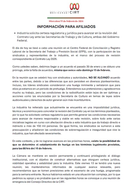 Comunicado CIRT. Foto: Especial