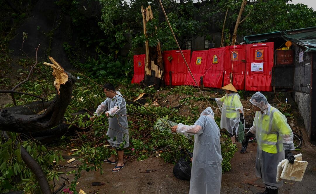 La gente limpia escombros cerca de las casas después de que el tifón Saola azotara la ciudad con fuertes vientos y lluvias, en Hong Kong. Foto: AP