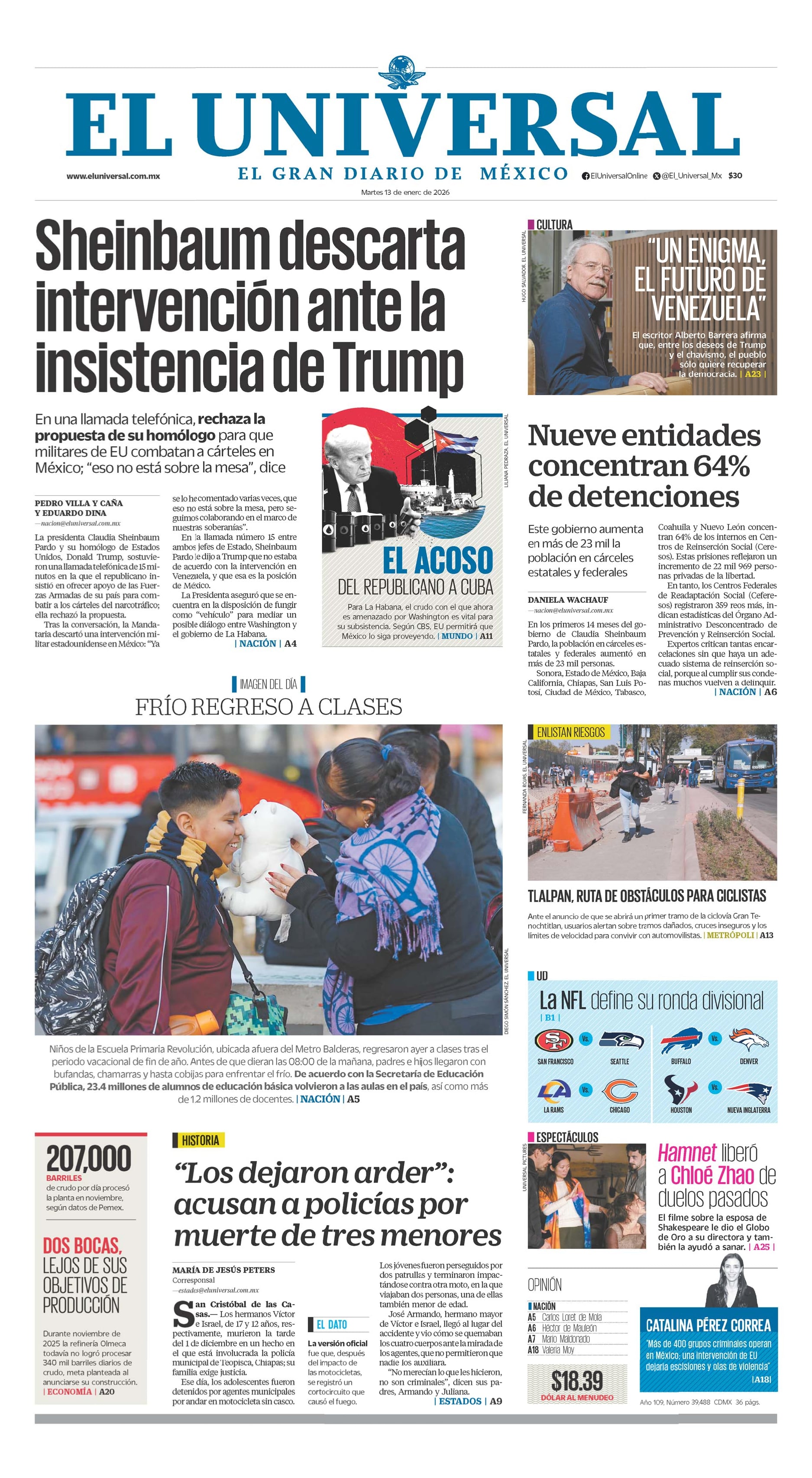 Portada impresa del 13 de enero de 2026