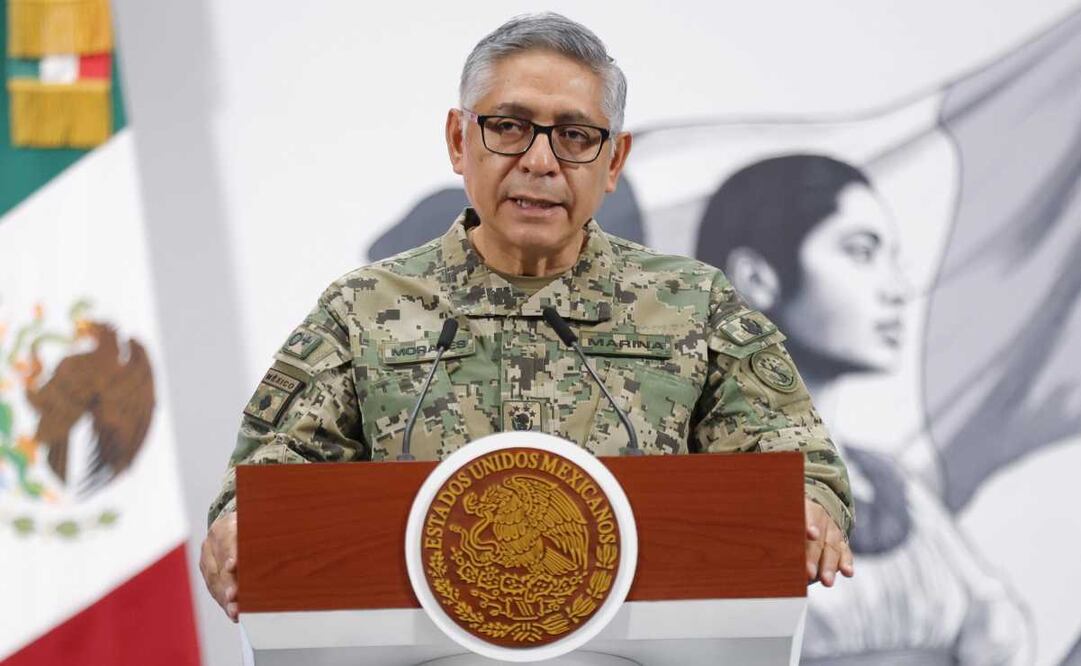 El Secretario de Marina, Almirante Raymundo Pedro Morales Ángeles, durante la mañanera del 10 de junio del 2025. Foto: Diego Simón / EL UNIVERSAL