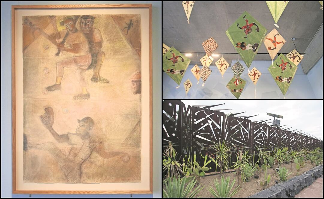 Al centro de la sala destaca la última obra que el maestro Toledo creó sobre este deporte, un dibujo que implica una narración entre pitcher y bateador; así como sus clásicos papalotes. Foto: Carlos Mejía/ EL UNIVERSAL.