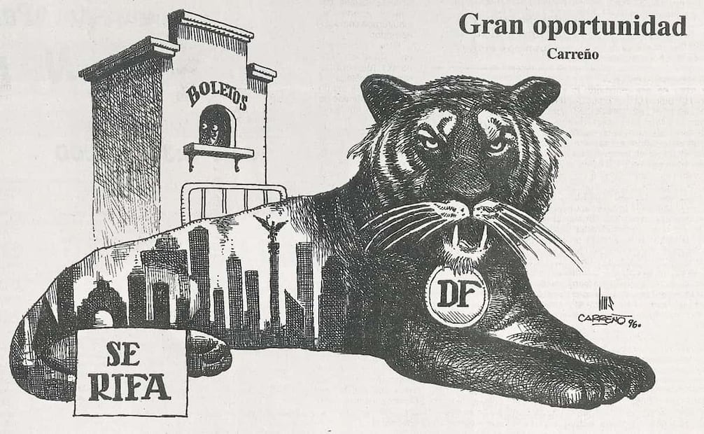 Cartón de Luis Carreño, agosto 1996. Con la aprobación de la reforma electoral, se permitió el voto popular para elegir al nuevo gobernante de la capital, situación que sería como ganar “la rifa del tigre”. Foto: Hemeroteca EL UNIVERSAL.