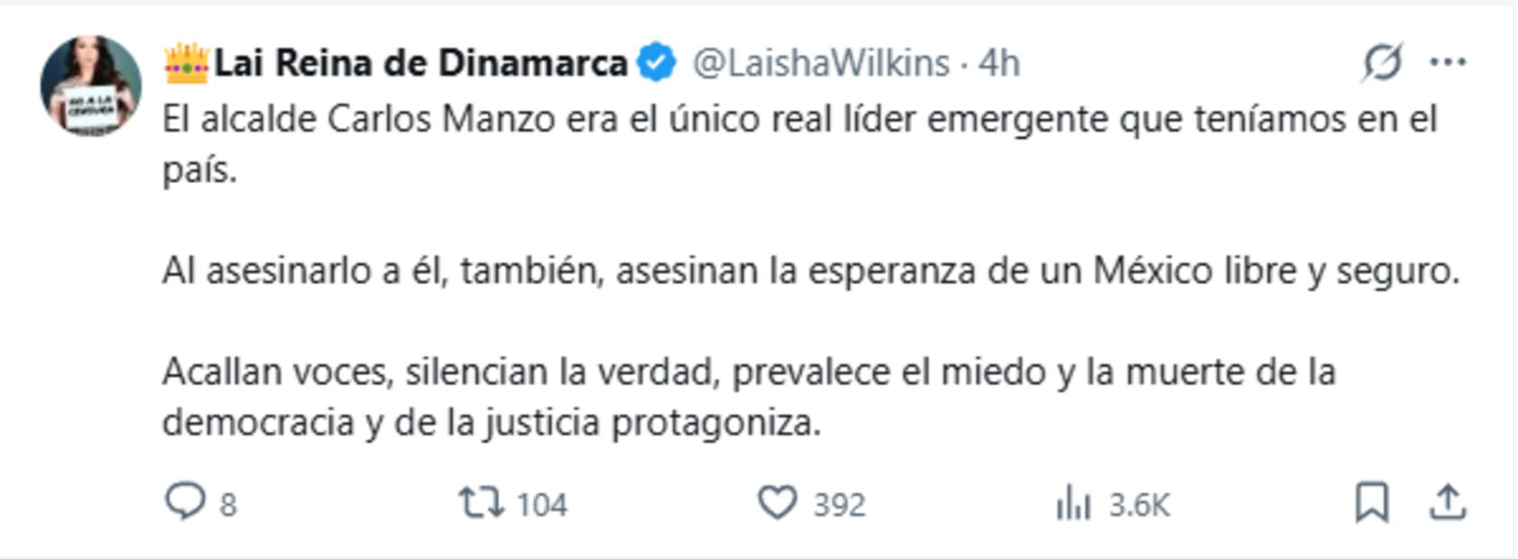 La conductora condenó el asesinato del funcionario y reconoció su trabajo por cuidar de la población de Uruapan. Foto: Captura de pantalla @LaishaWilkins