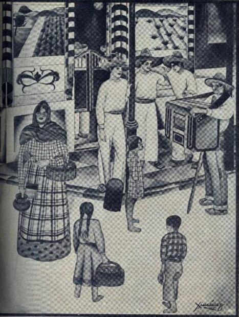 Dibujo de fines del siglo XIX donde a la derecha se observa a un organillero en lo que parece una calle de algún lugar de México. Tres niños descalzas observan al personaje, al igual que tres hombres con sombrero y vestidos de manta; mientras, una mujer de rebozo y con canasta atraviesa el lugar. Crédito : ESPECIAL