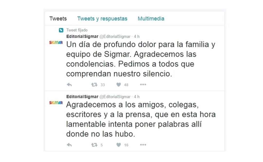 La editorial escribió en su cuenta de Twitter un mensaje agradeciendo las condolencias. Foto: Captura