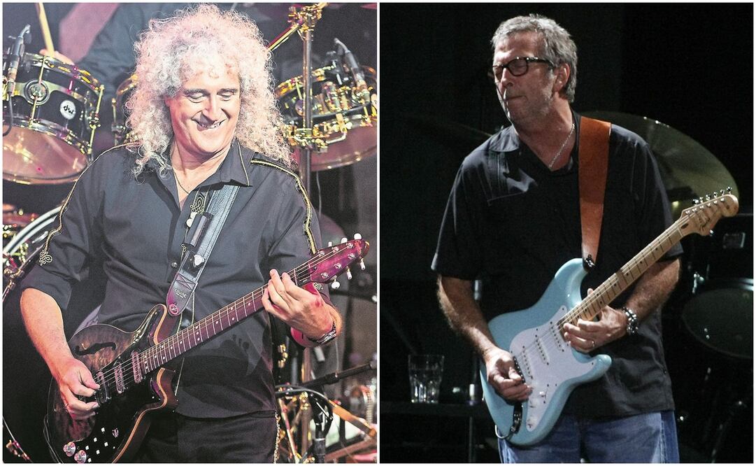 Brian May y Eric Clapton. Fotos: AP y EFE